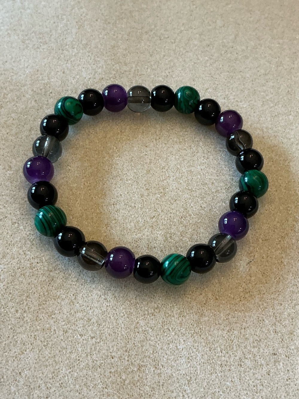 Beaded Stretch Bracelet in Green, Purple, Black & Gray